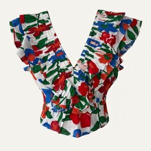 Entro - Sexy Playful Ruffled Womens V neck Top With a Bold Floral Print Size S